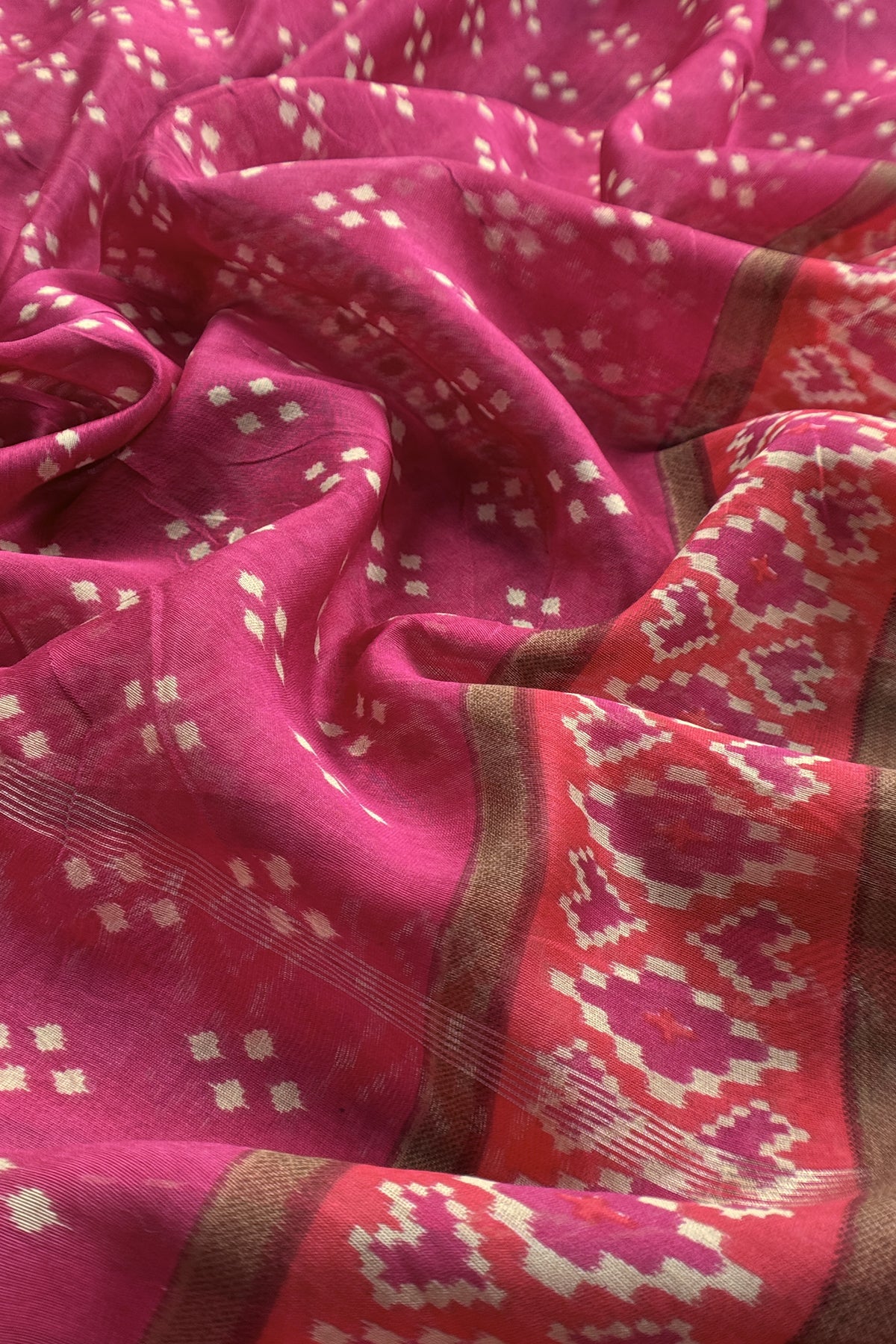 Pink Handloom Patola Suit In Maheshwari Silk With Bandhani Dupatta