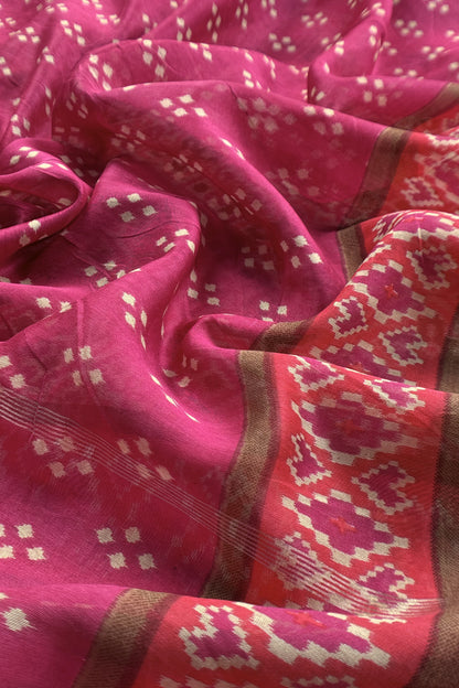 Pink Handloom Patola Suit In Maheshwari Silk With Bandhani Dupatta
