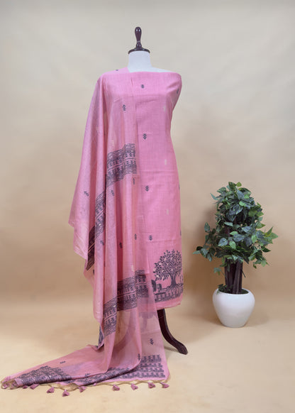 Apple Green Linen Chanderi Suit Fabric With Traditional Jamdani Weaving