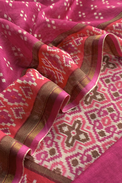 Pink Handloom Patola Suit In Maheshwari Silk With Bandhani Dupatta