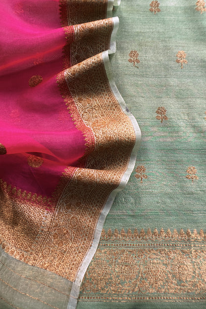 Green And Pink Handloom Raw Silk Suit With Kora Silk Dupatta