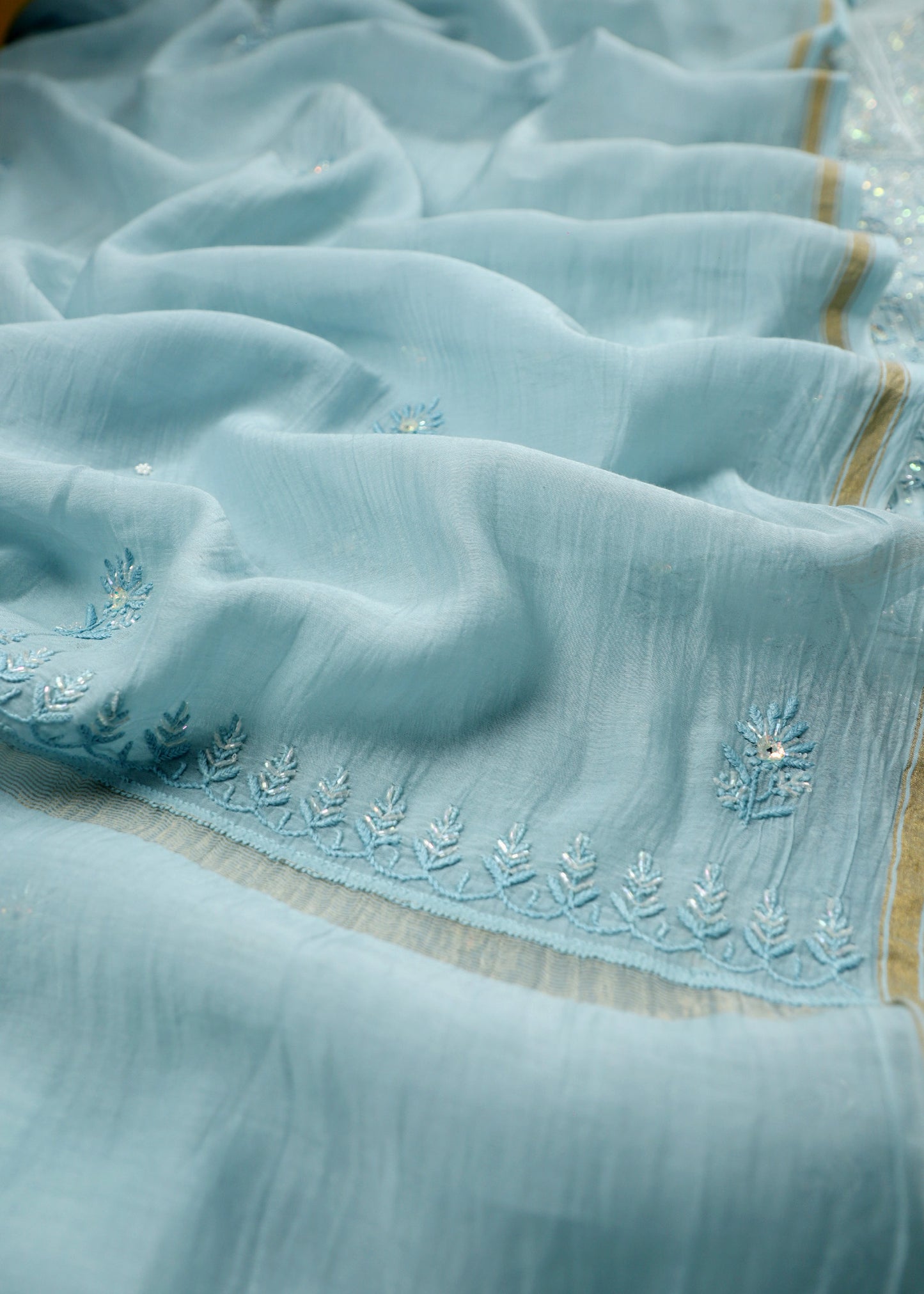 Sky Blue Lakhnavi Mul Chanderi Suit With Dupatta