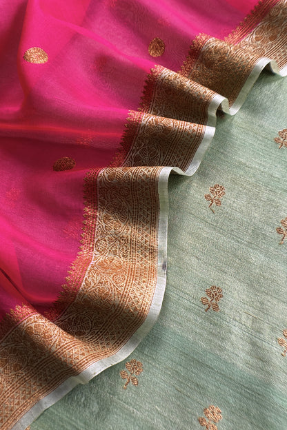 Green And Pink Handloom Raw Silk Suit With Kora Silk Dupatta