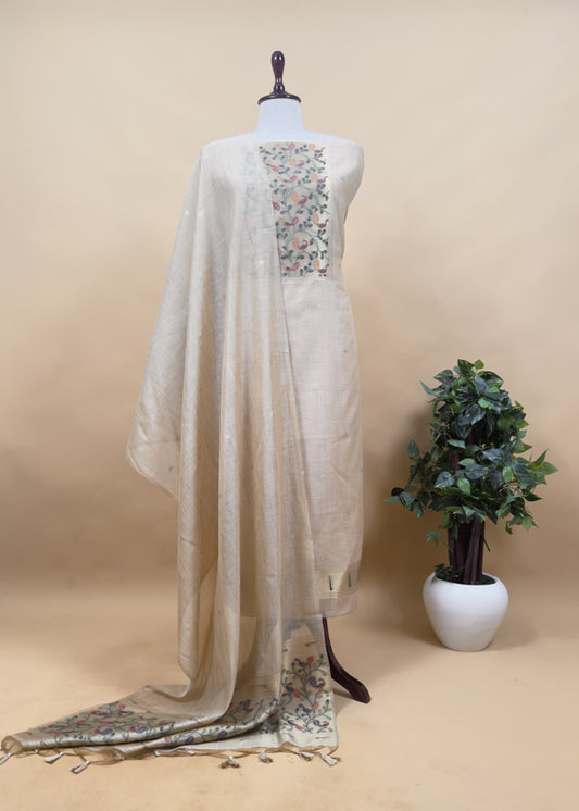 Beige Mor Paithani Style Jamdani weaving Suit in Linen Chanderi fabric