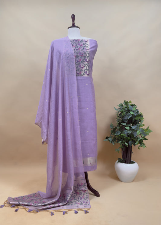 Lilac Mor Paithani Style Jamdani weaving Suit in Linen Chanderi fabric