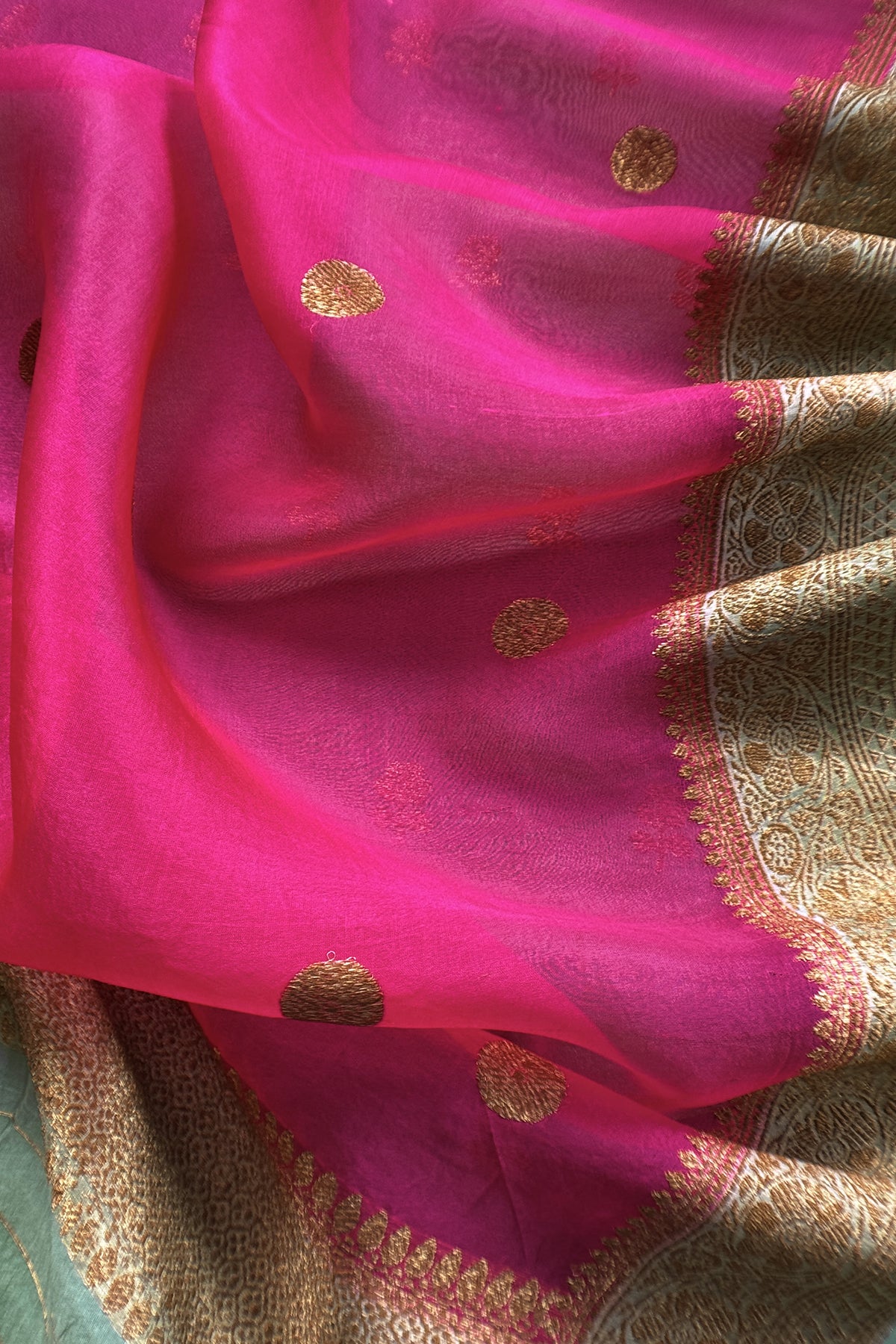 Green And Pink Handloom Raw Silk Suit With Kora Silk Dupatta