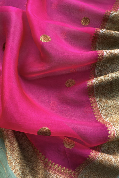 Green And Pink Handloom Raw Silk Suit With Kora Silk Dupatta