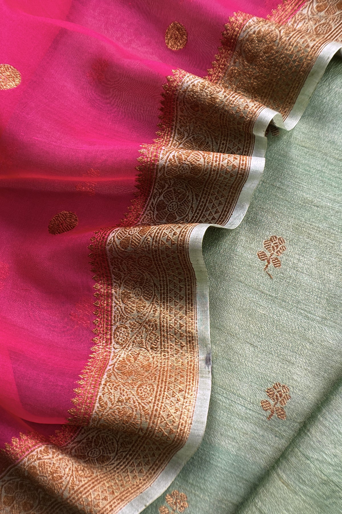 Green And Pink Handloom Raw Silk Suit With Kora Silk Dupatta