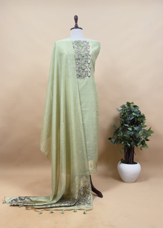 Green Paithani Style Jamdani weaving Suit in Linen Chanderi fabric