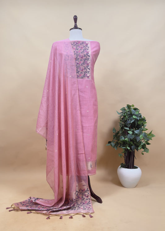 Taffy Pink Mor Paithani Style Jamdani weaving Suit in Linen Chanderi fabric