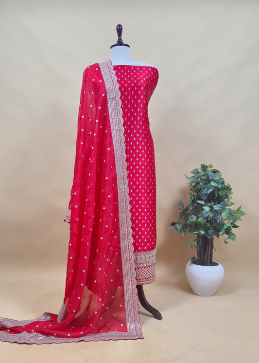 Shringar Red Handloom Luxurious Silk Suit With Meenakari Weaving And Dori embroidery