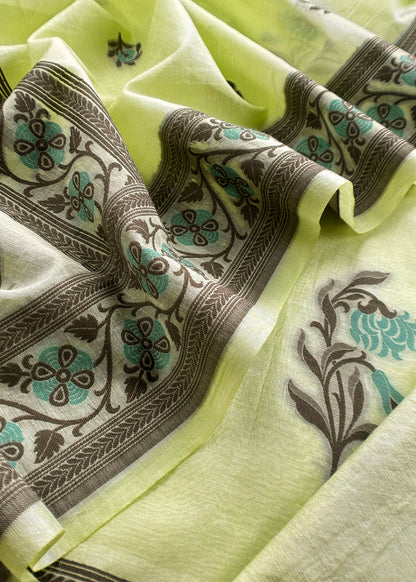 Pista Green Handloom Banarasi Suit With Meenakari Weaving
