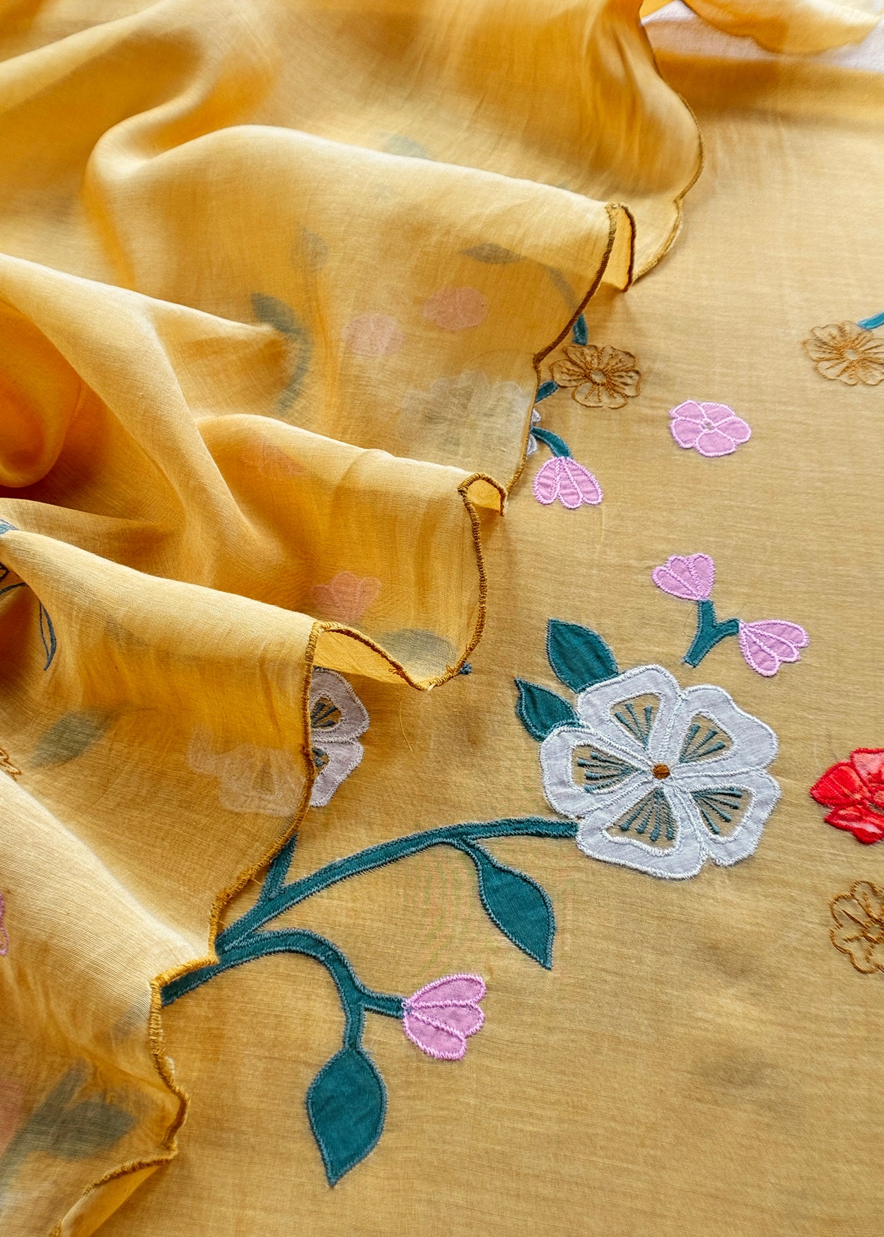 Yellow Pure Mulmul Suit Fabric With Appliqué Work
