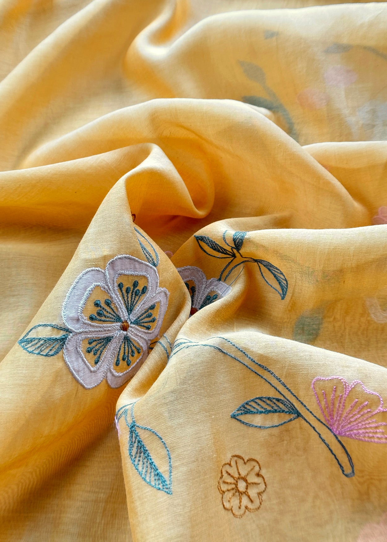 Yellow Pure Mulmul Suit Fabric With Appliqué Work