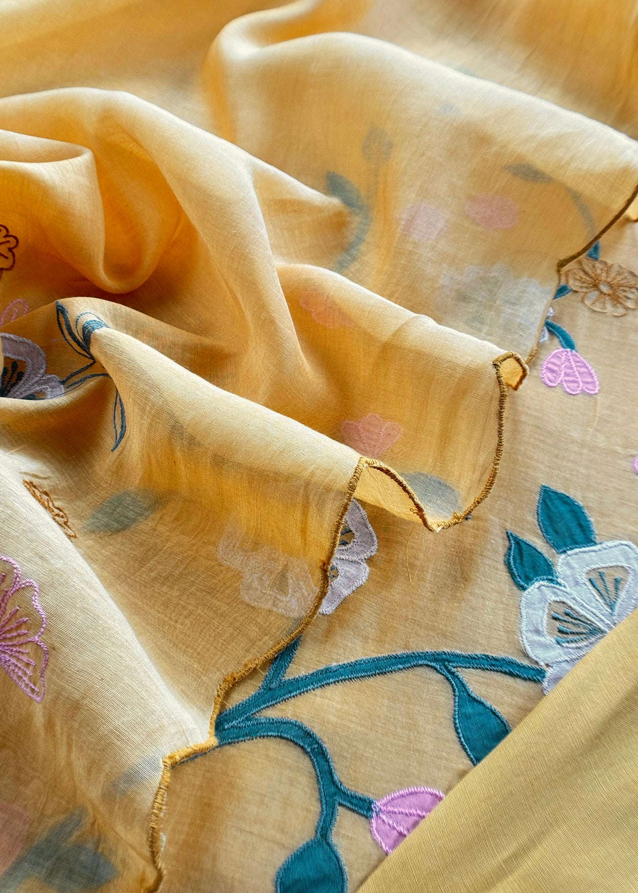 Yellow Pure Mulmul Suit Fabric With Appliqué Work