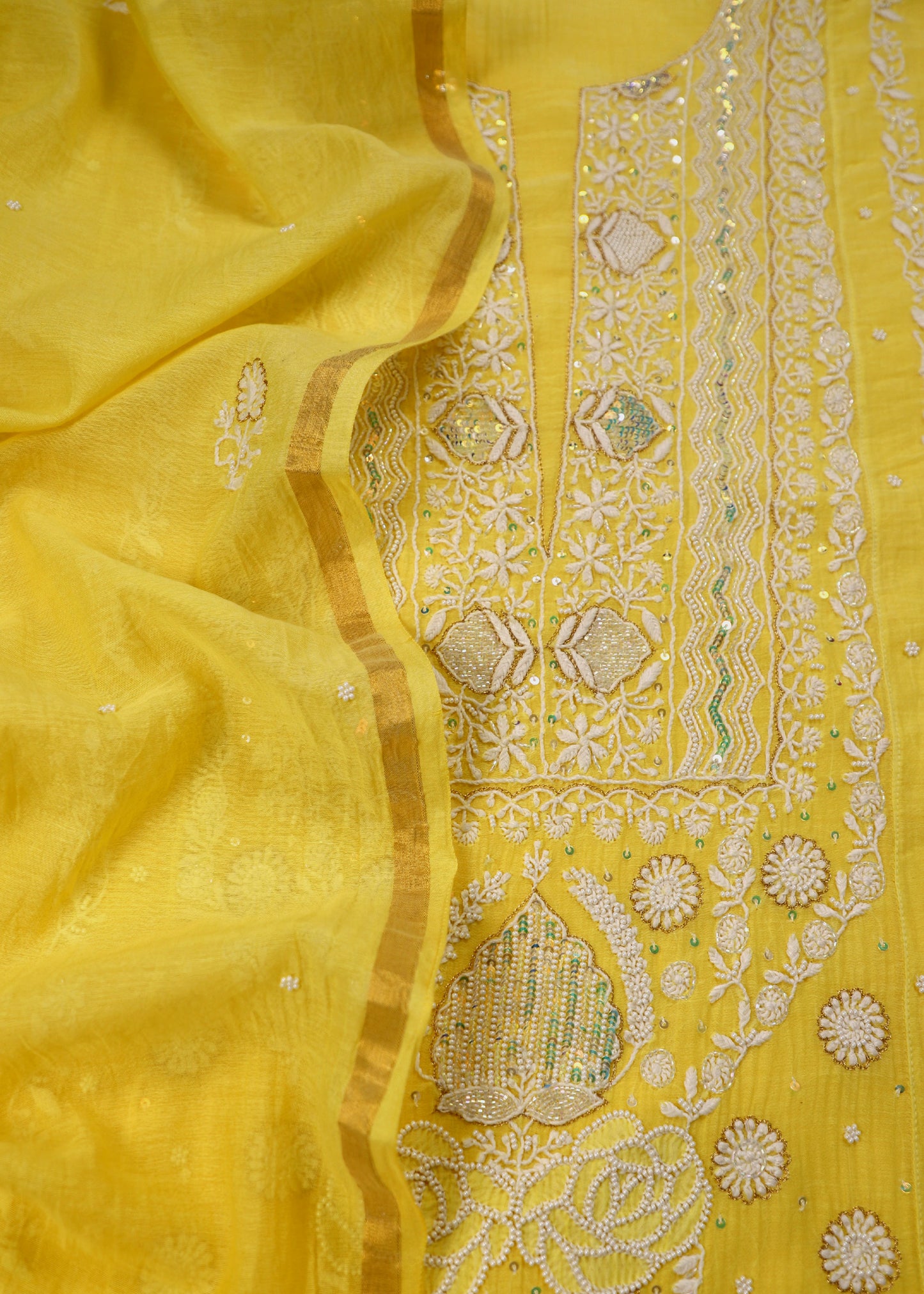 Yellow Lakhnavi Mul Chanderi Suit With Dupatta