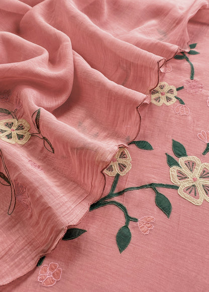 Pink Pure Mulmul Suit Fabric With Appliqué Work