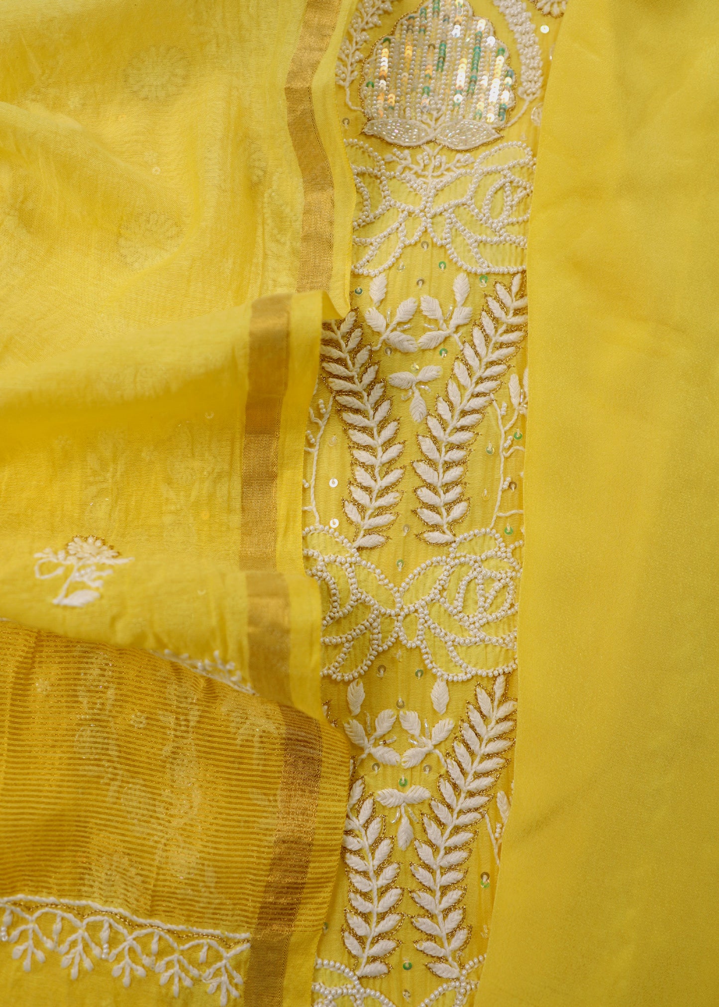 Yellow Lakhnavi Mul Chanderi Suit With Dupatta