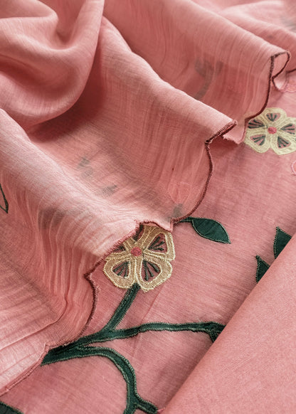 Pink Pure Mulmul Suit Fabric With Appliqué Work