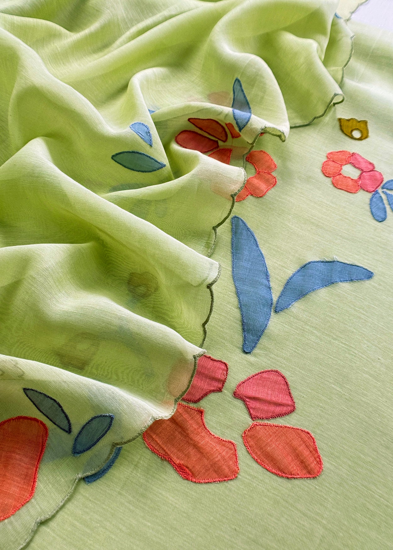 Pastel Green Pure Mulmul Suit Fabric With Appliqué Work