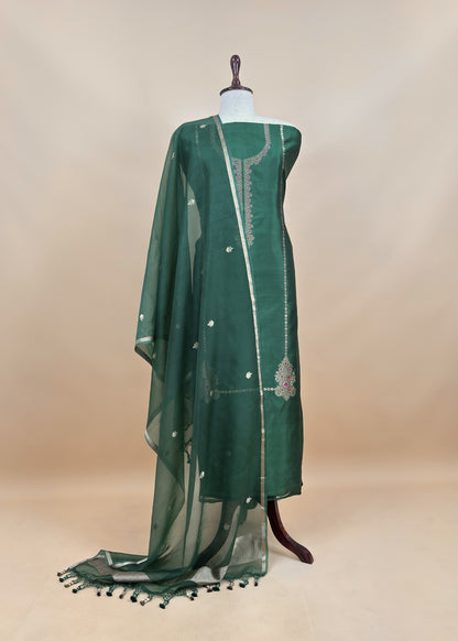 Green Handloom Silk Kurta And Kora Silk Dupatta With Kadwa Weaving