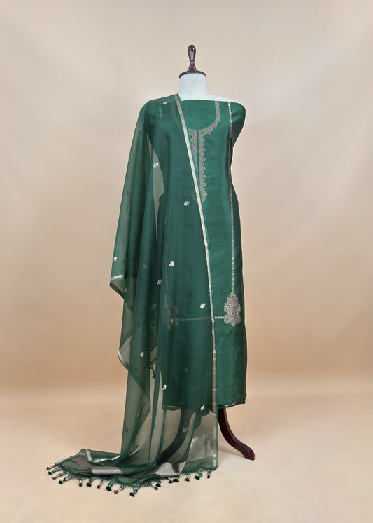 Green Handloom Silk Kurta And Kora Silk Dupatta With Kadwa Weaving