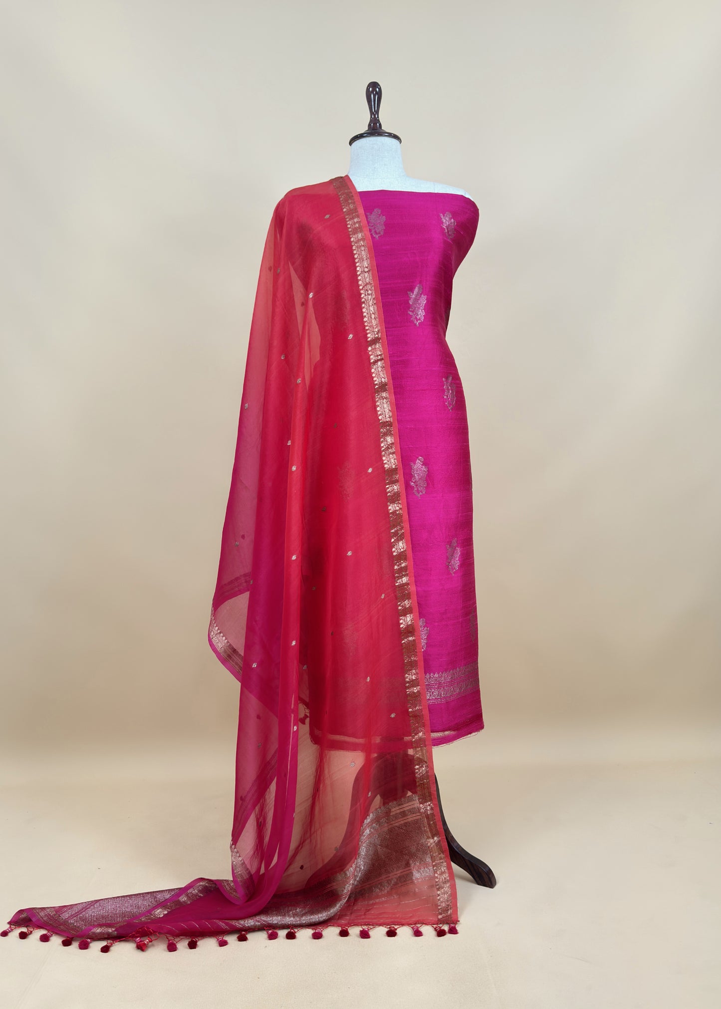 Pink And Red Handloom Raw Silk Suit With Kora Silk Dupatta