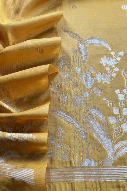 Yellow Silk Unstitched Suit With Gold Jamdani weaving