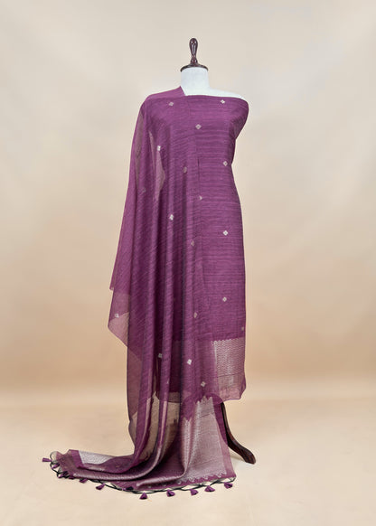 Purple Chanderi Unstitched Suit With Gold Zari Jamdani Weaving