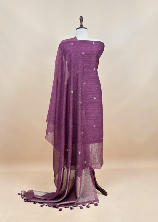 Purple Chanderi Unstitched Suit With Gold Zari Jamdani Weaving