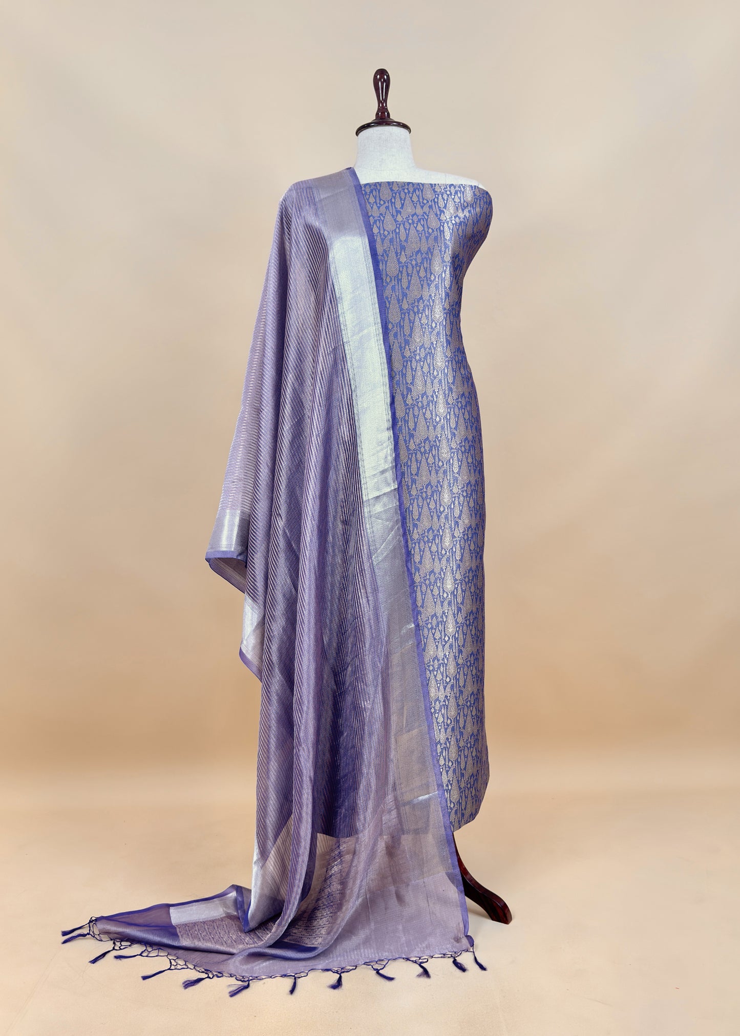 Blue Pure Palm Trees Brocade Silk Kurta And Zari Panel Silk upatta