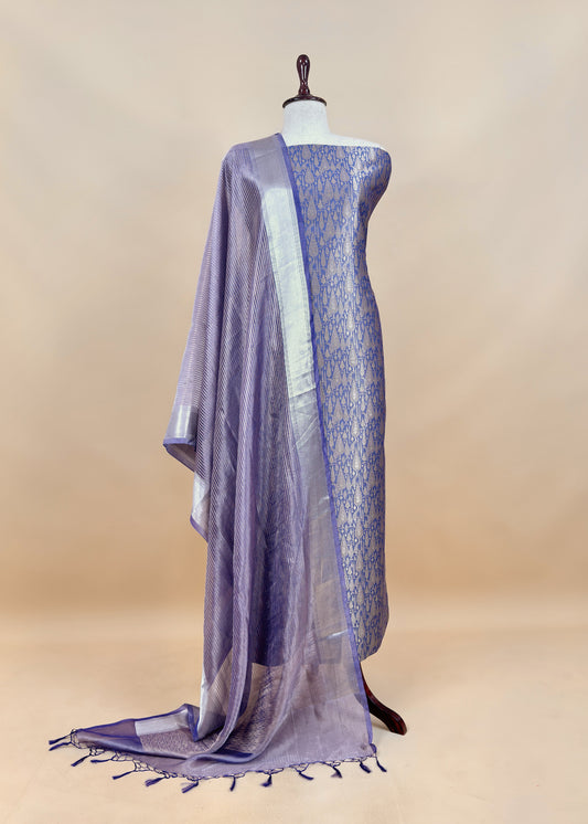 Blue Pure Palm Trees Brocade Silk Kurta And Zari Panel Silk upatta