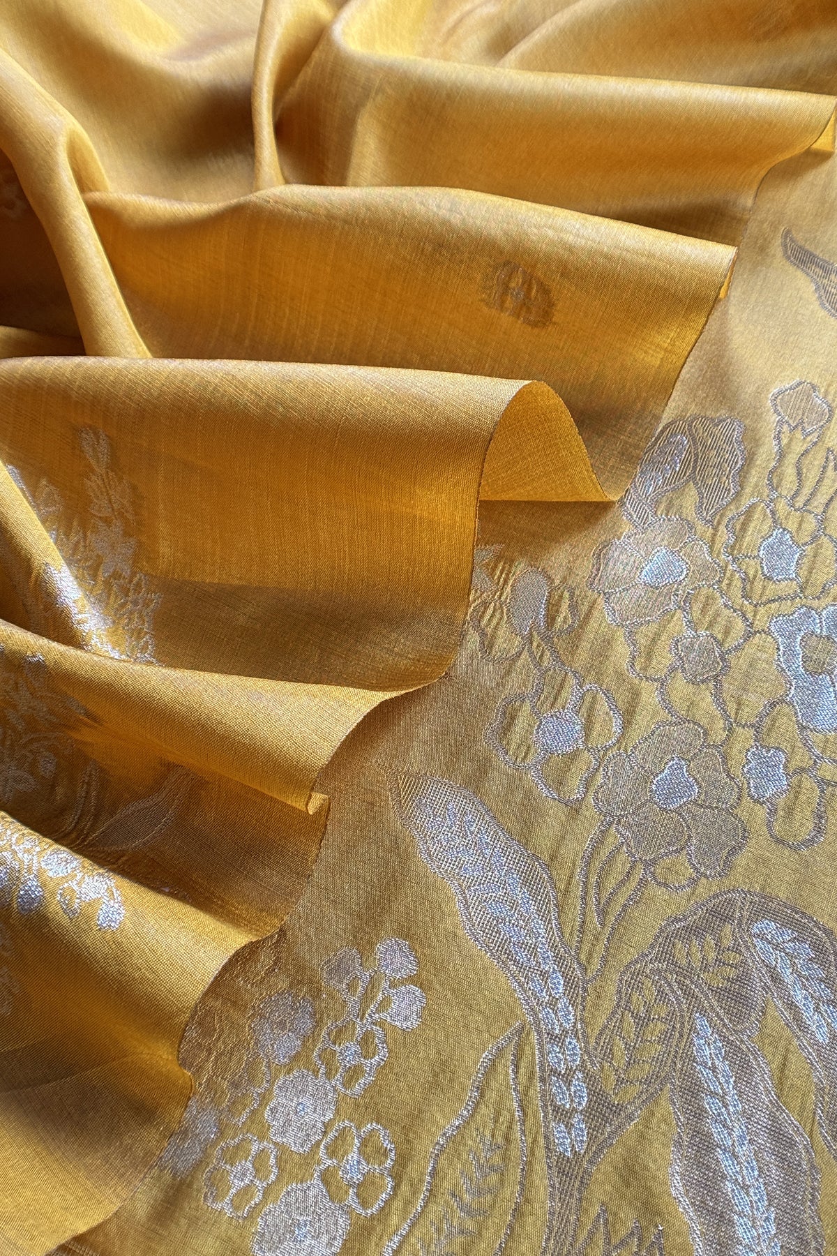 Yellow Silk Unstitched Suit With Gold Jamdani weaving
