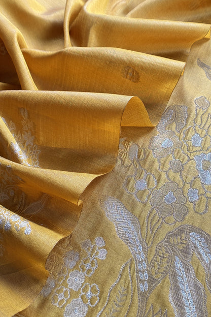 Yellow Silk Unstitched Suit With Gold Jamdani weaving