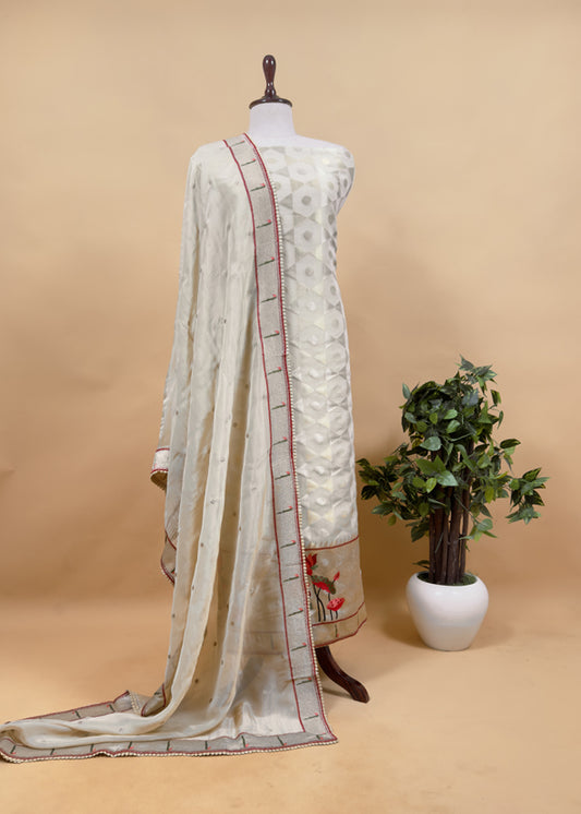 Luxe Cheeku Beige Handloom Self Tissue Silk Suit Fabric With Paithani Weaving