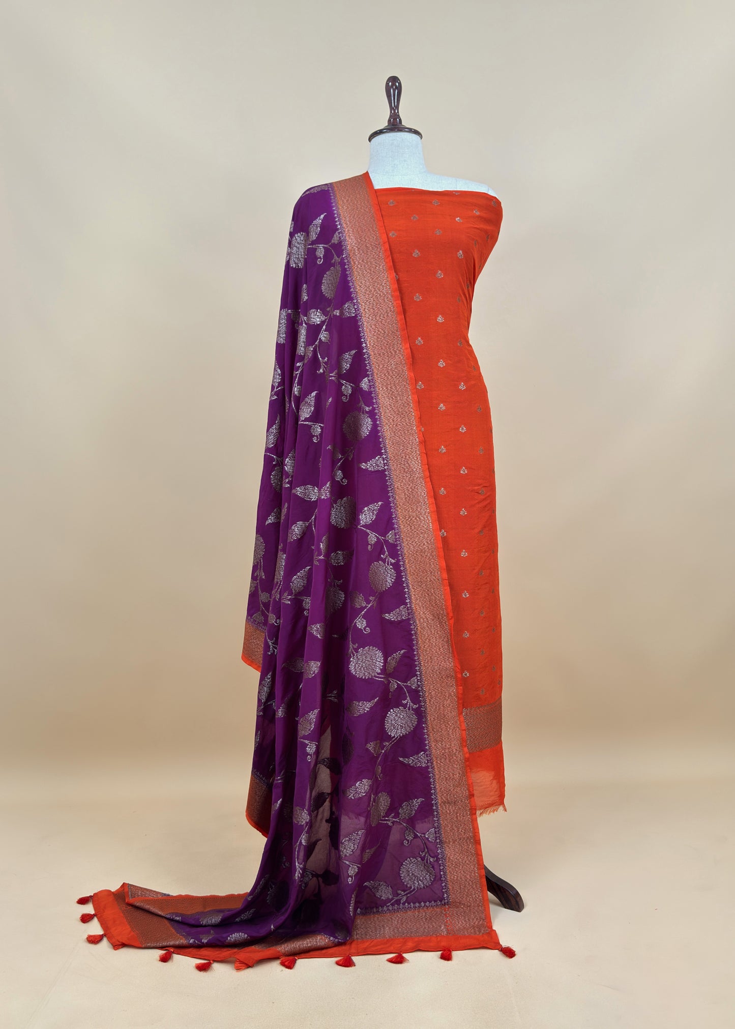 Orange And Purple Contrast Banarasi Silk Suit Fabric With Zari Weaving