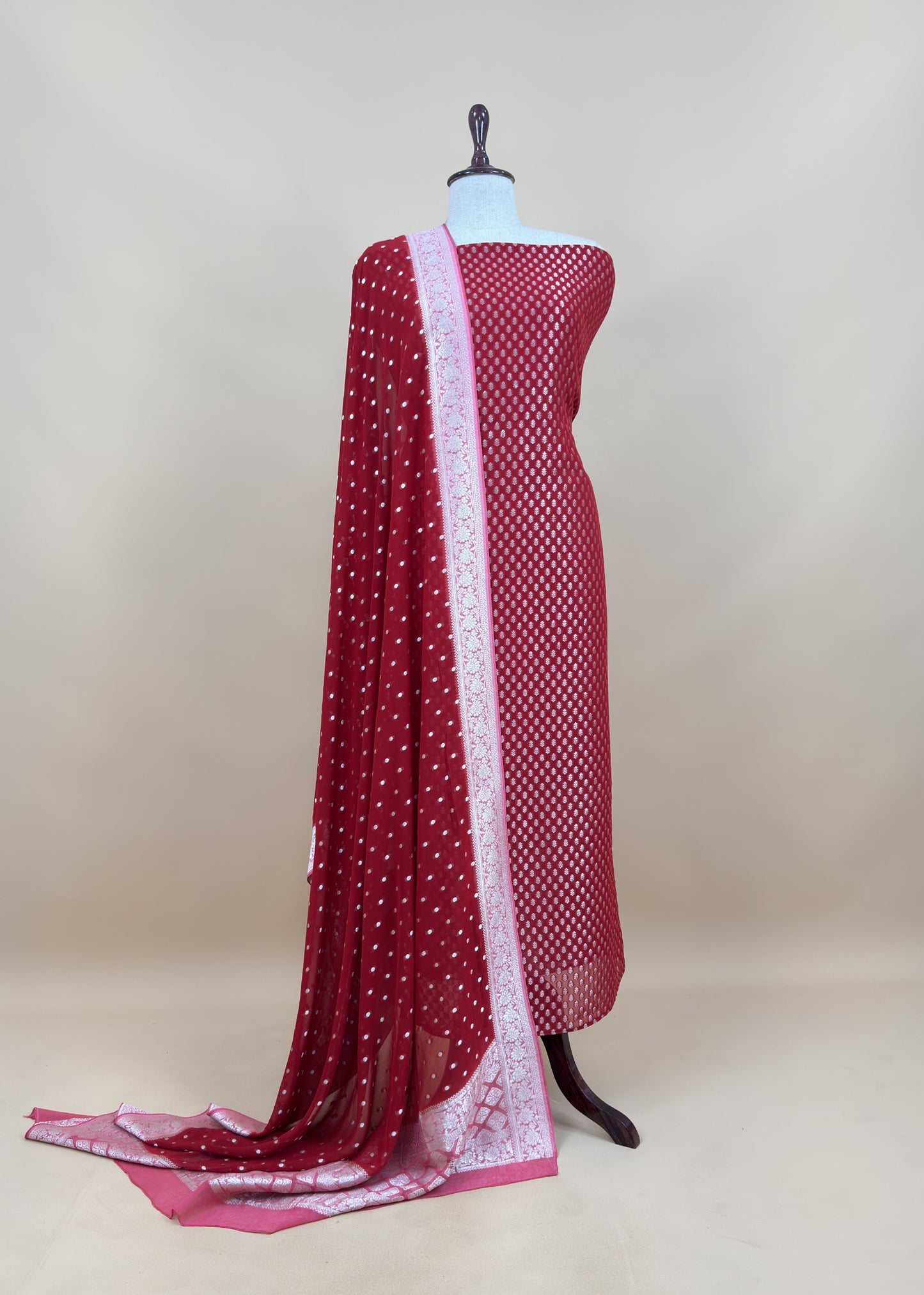 Red Handloom Khadi Weaving Unstitched Suit In Georgette