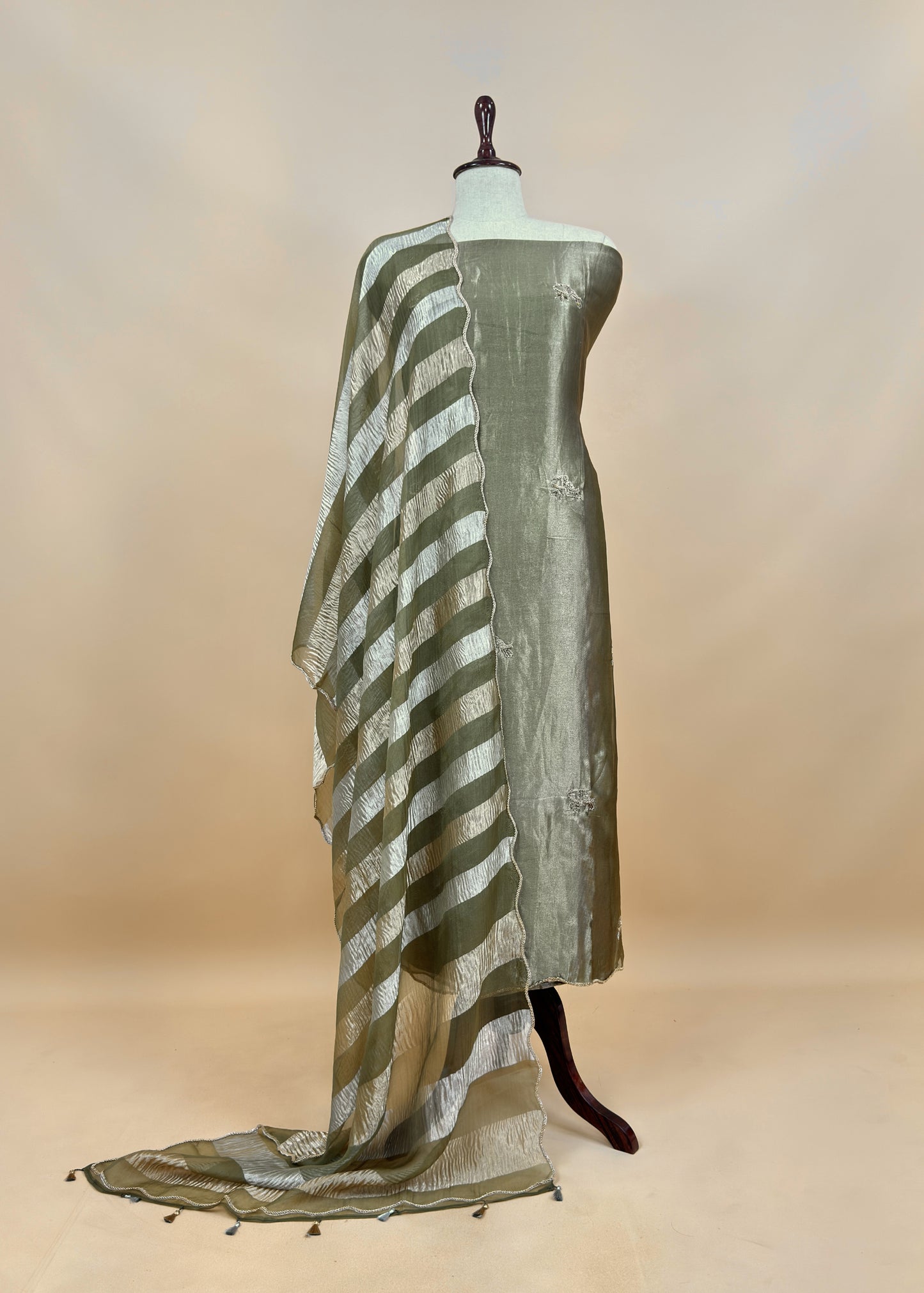 Gold purple Tissue silk Suit with Kingfisher Shikagarh Handwork