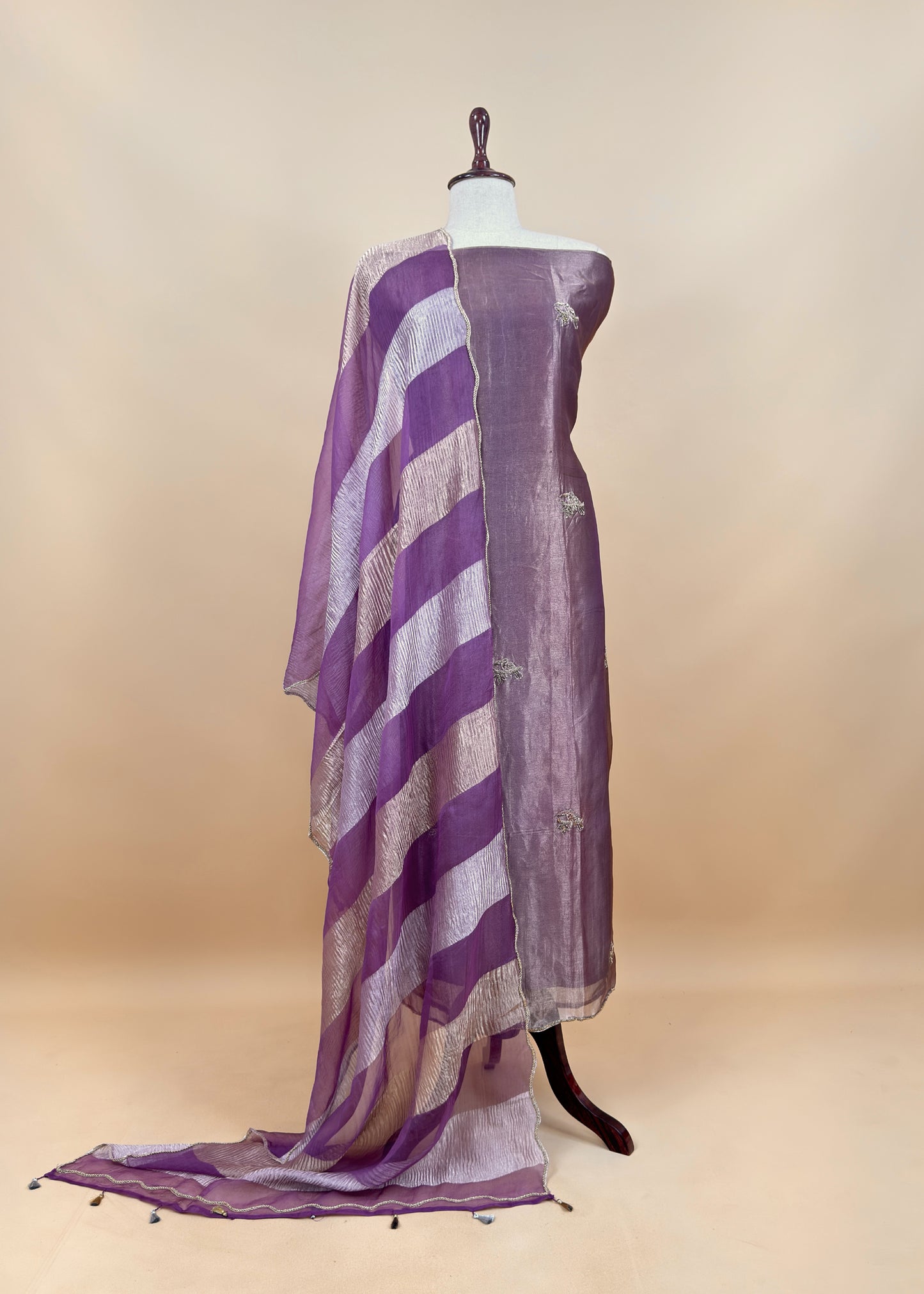 Gold purple Tissue silk Suit with Kingfisher Shikagarh Handwork