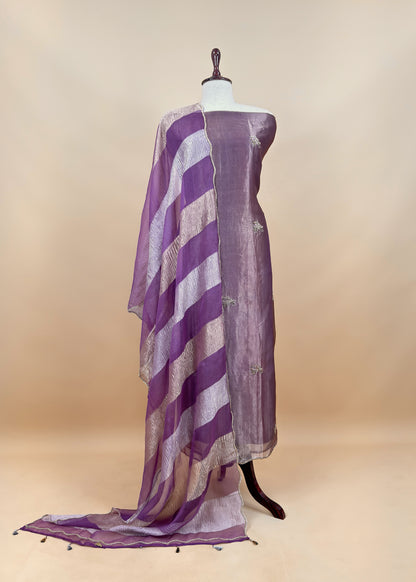 Gold purple Tissue silk Suit with Kingfisher Shikagarh Handwork