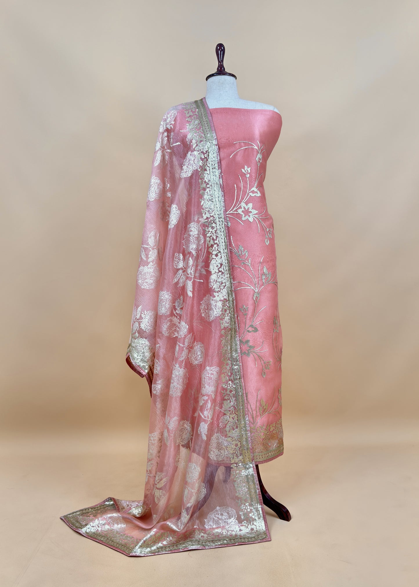 Peach Pure Crushed Tissue Suit With Dupatta