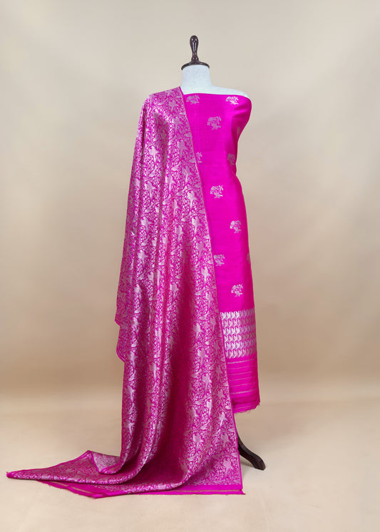 Rani Pink Chidiya Handloom Katan Silk Suit Fabric With Kadwa Weaving