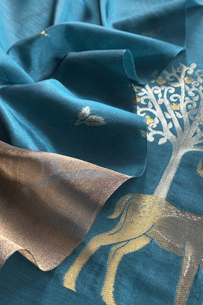 Teal Blue Silk Unstitched suit with Gold zari Jamdani weaving