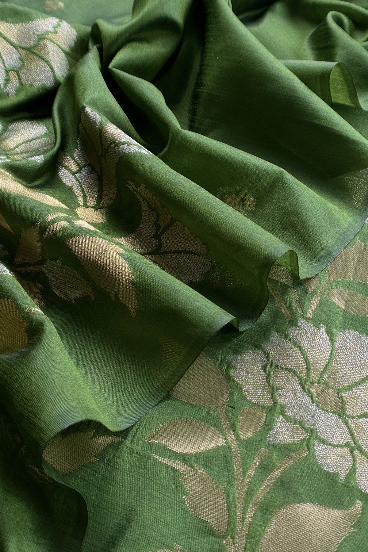 Green Silk Unstitched Suit With Gold Jamdani Weaving