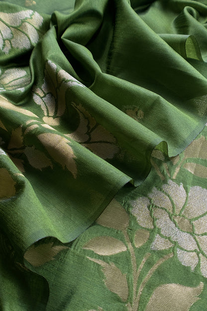 Green Silk Unstitched Suit With Gold Jamdani Weaving