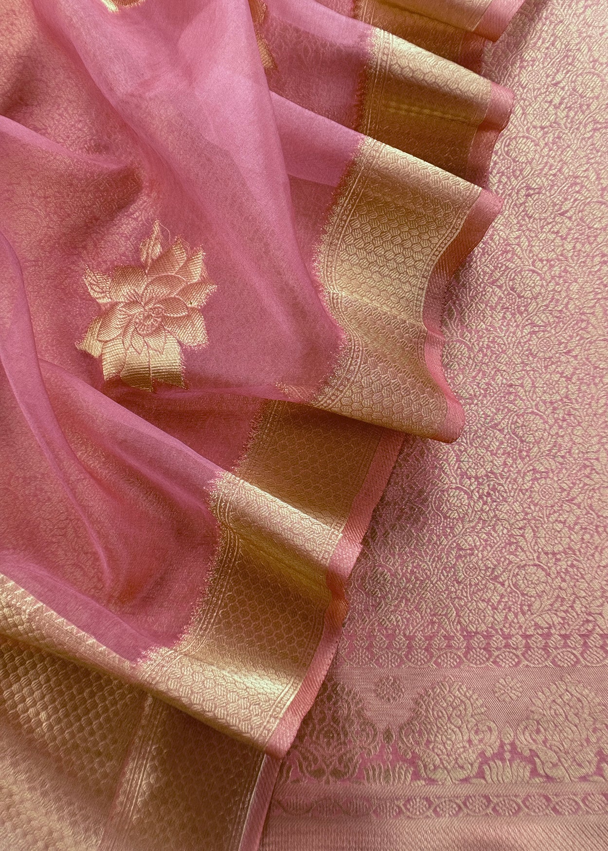 Pink Designer Pure Brocade Silk Kurta And Organza Dupatta