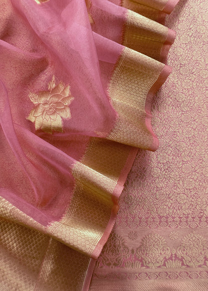 Pink Designer Pure Brocade Silk Kurta And Organza Dupatta