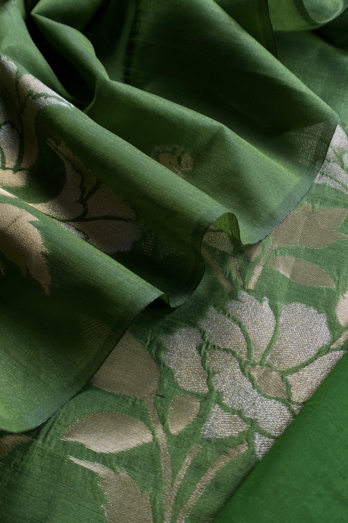 Green Silk Unstitched Suit With Gold Jamdani Weaving