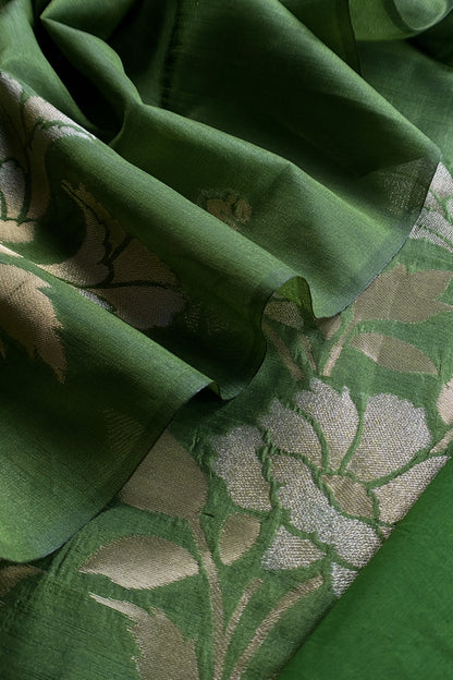 Green Silk Unstitched Suit With Gold Jamdani Weaving