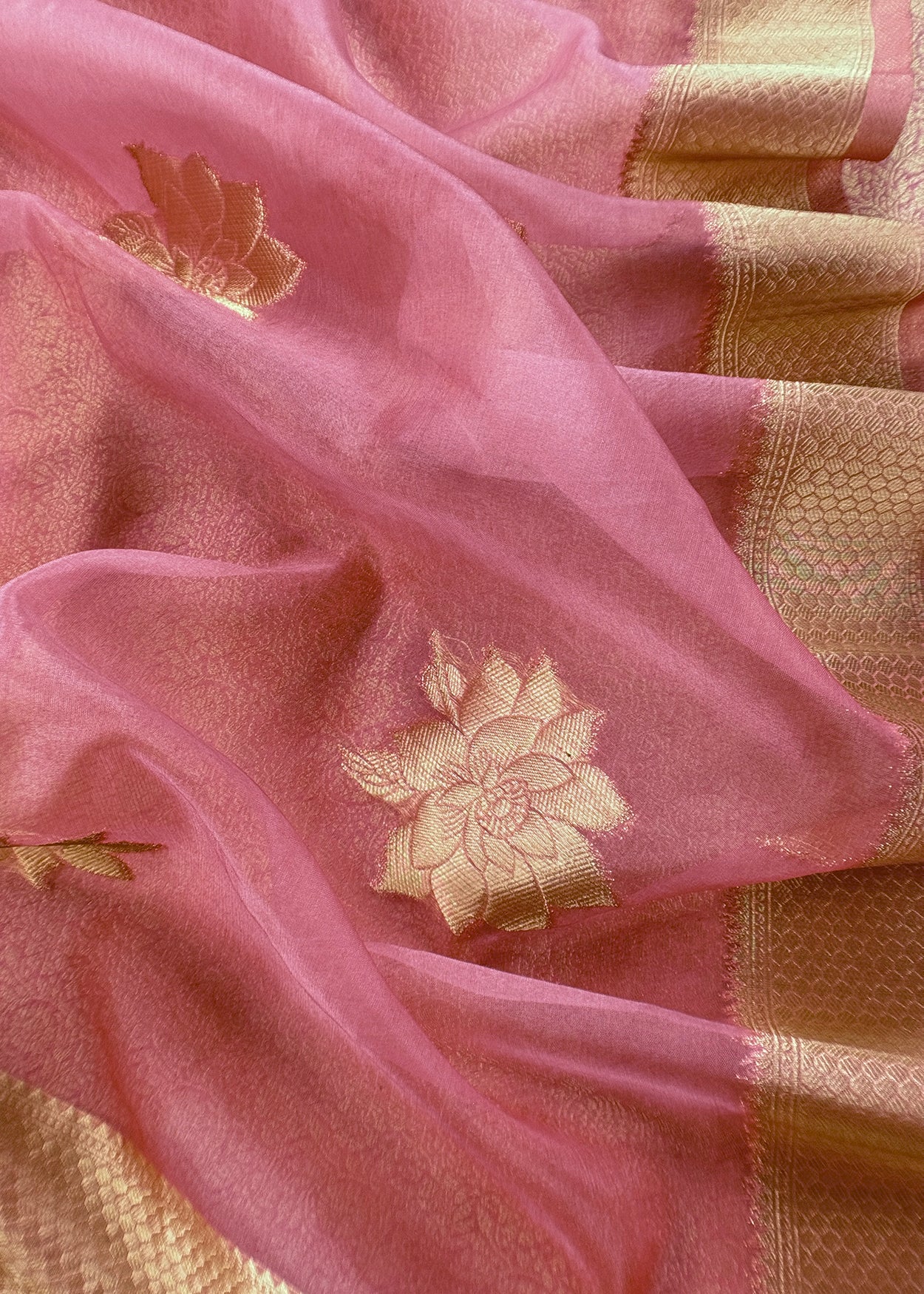 Pink Designer Pure Brocade Silk Kurta And Organza Dupatta